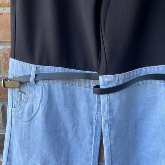 Denim Hybrid Flare Leg Pants with Adjustable Belt (Color: Blue) - Picture 5 of 9